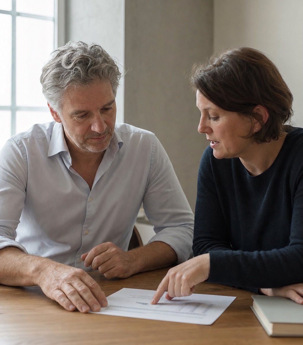 Two advisors in conversation at an oak table with printed documents