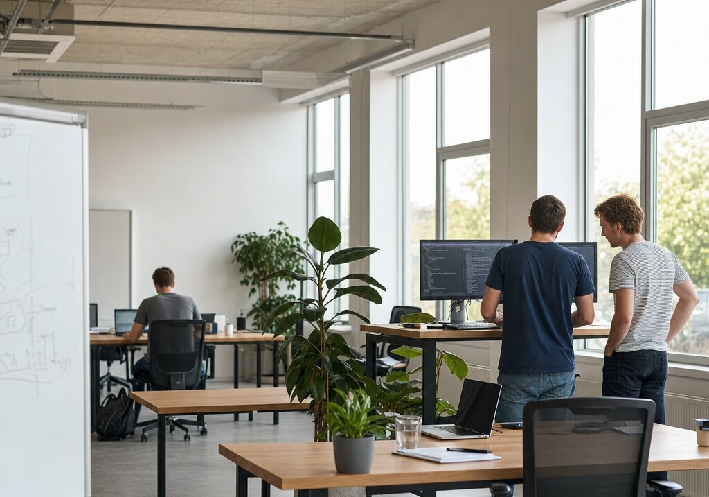 Helles, aufgeräumtes Büro eines wachsenden Software-Unternehmens mit freien Arbeitsplätzen