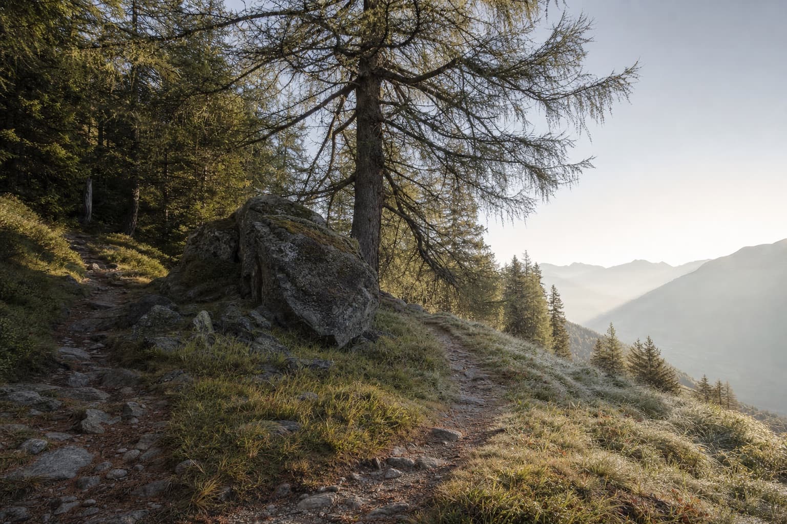 A fork in a path in an alpine forest with a view into the valley