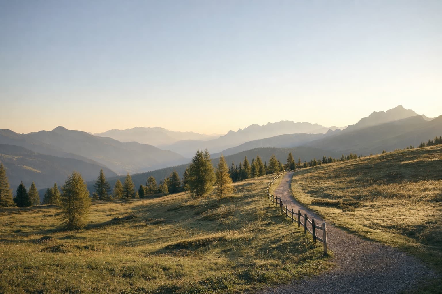 A narrow path through alpine meadows in morning light