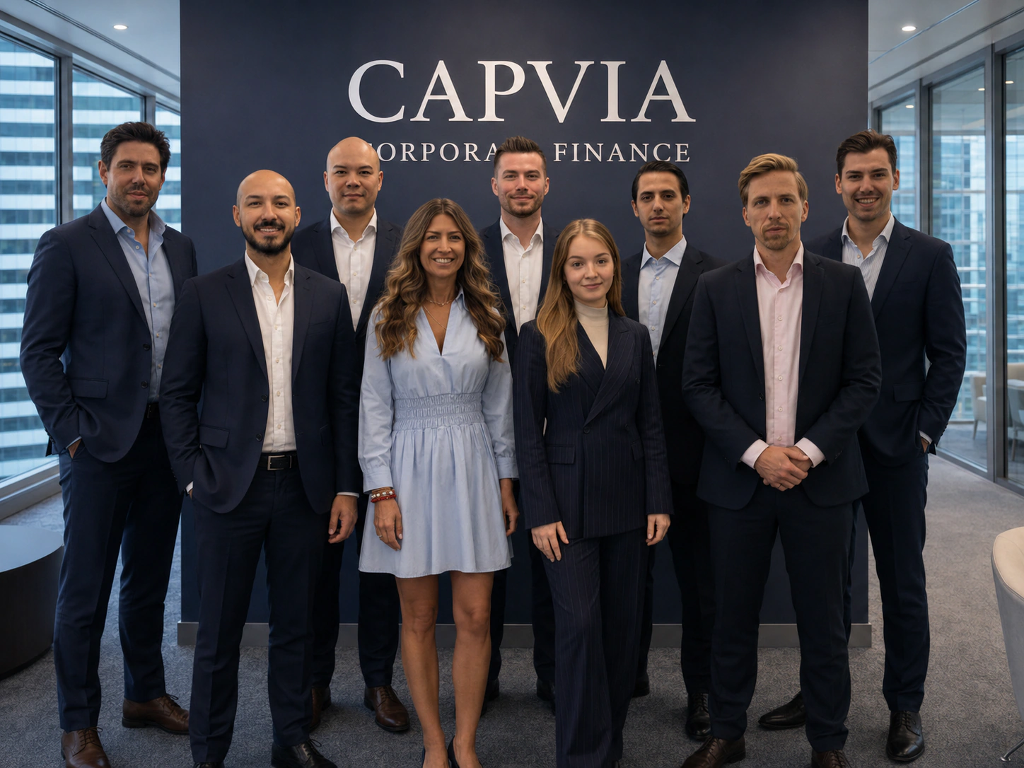 The CAPVIA Corporate Finance team in front of the office wall in Zug